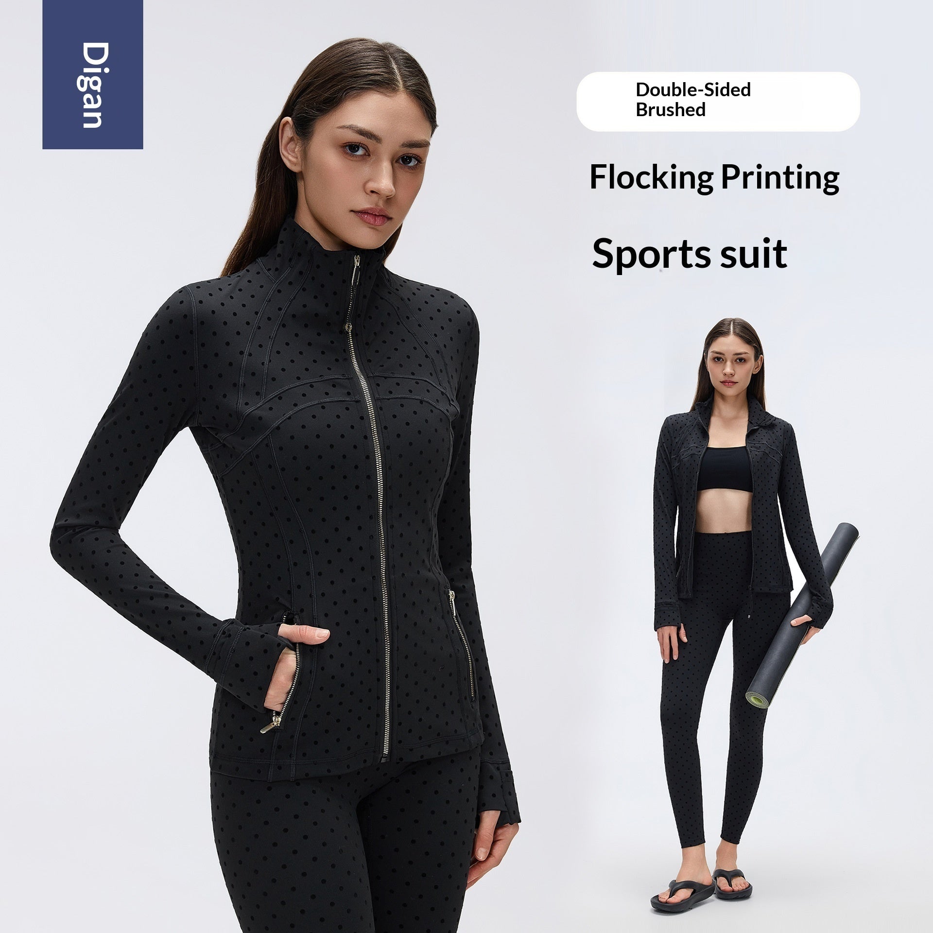 Black Polka - Dot Yoga Leggings And Stand - Up Collar Jacket A Slimming, Figure - Hugging Sportswear Set - SUKSU - selling