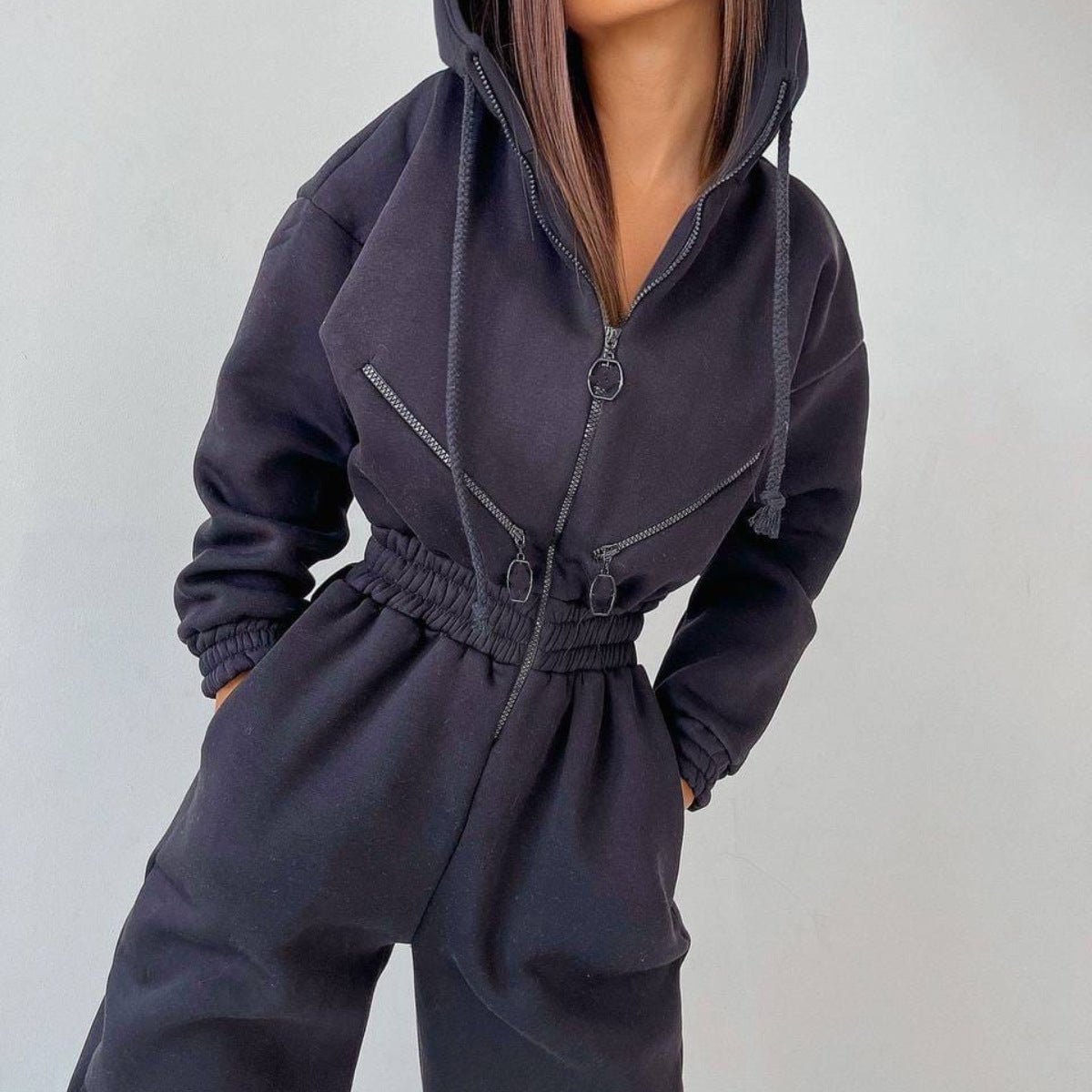 Casual Women Basic Hoodie Two Piece Sets Zipper Drawstring - SUKSU - selling