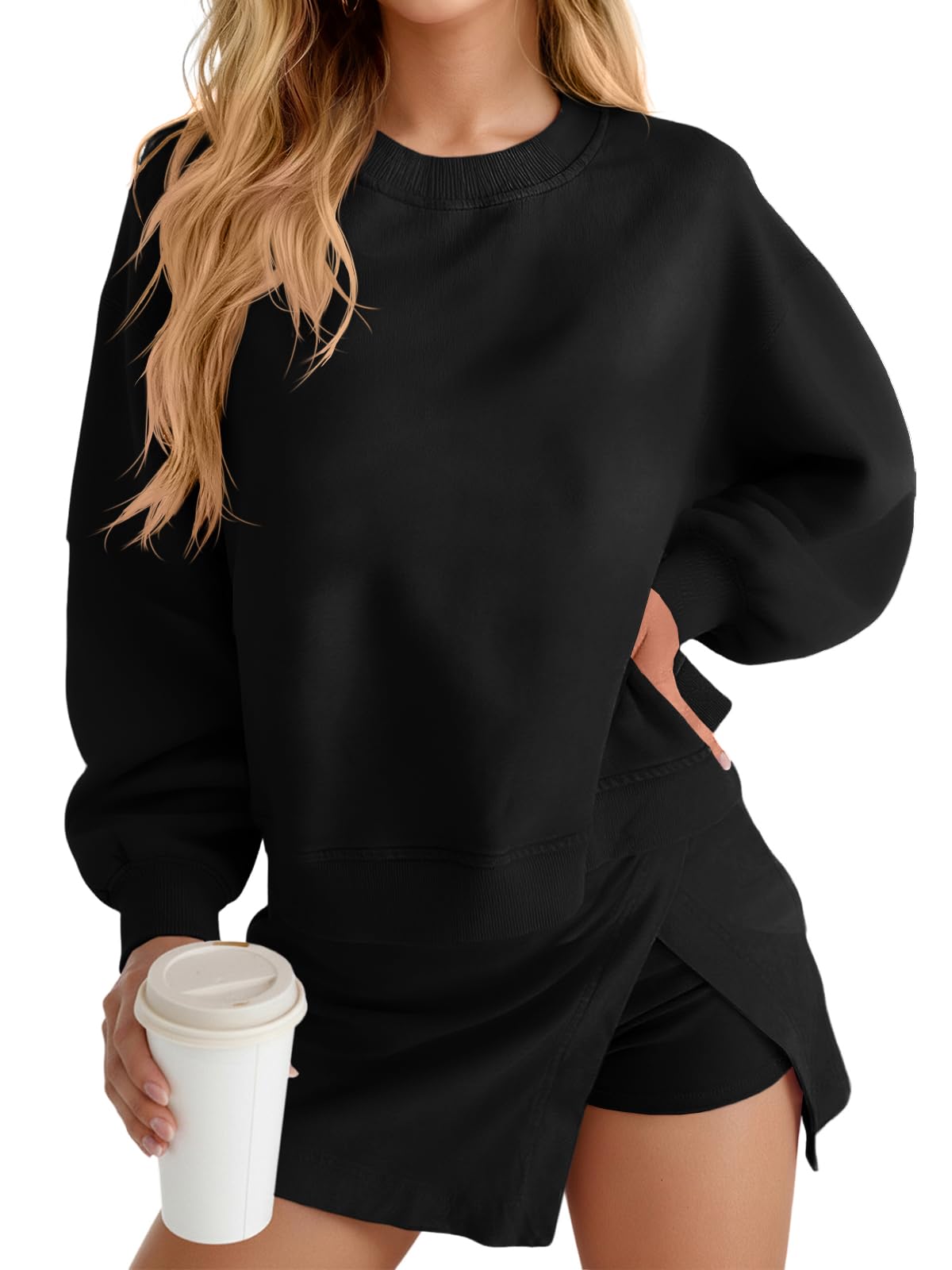 Fisoew 2 Piece Sets For Women Cotton Workout Sets Sweatshirt Top High Waisted Lined Split Athletic Skirt Set - SUKSU - selling