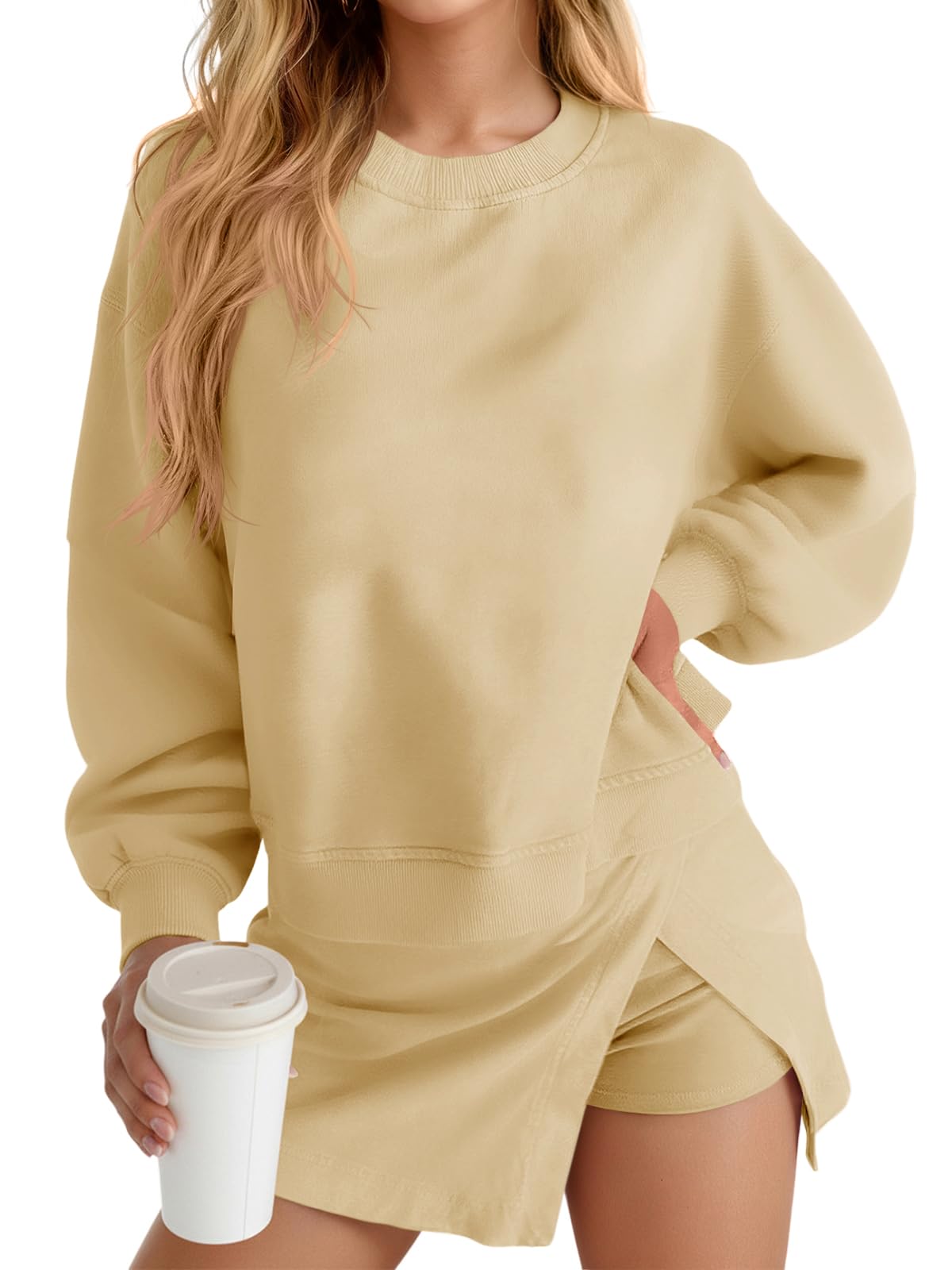 Fisoew 2 Piece Sets For Women Cotton Workout Sets Sweatshirt Top High Waisted Lined Split Athletic Skirt Set - SUKSU - selling