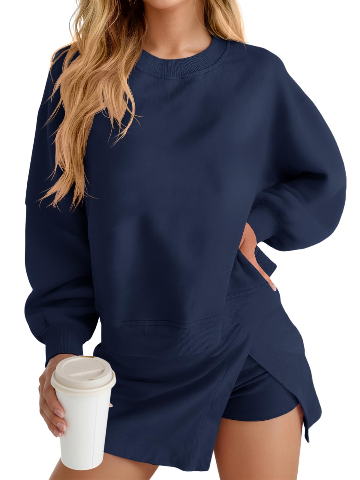 Fisoew 2 Piece Sets For Women Cotton Workout Sets Sweatshirt Top High Waisted Lined Split Athletic Skirt Set - SUKSU - selling