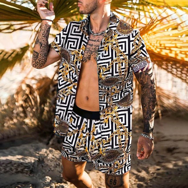 Floral Shirt Beach Two Piece Suit New Fashion Men Sets - SUKSU - selling