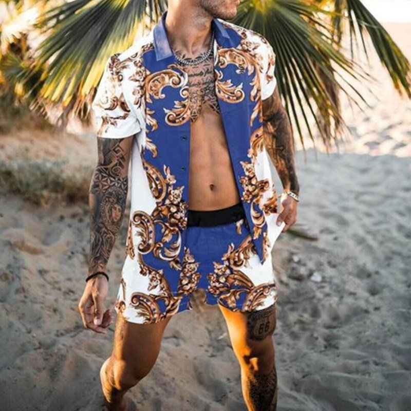 Floral Shirt Beach Two Piece Suit New Fashion Men Sets - SUKSU - selling