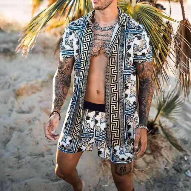 Floral Shirt Beach Two Piece Suit New Fashion Men Sets - SUKSU - selling