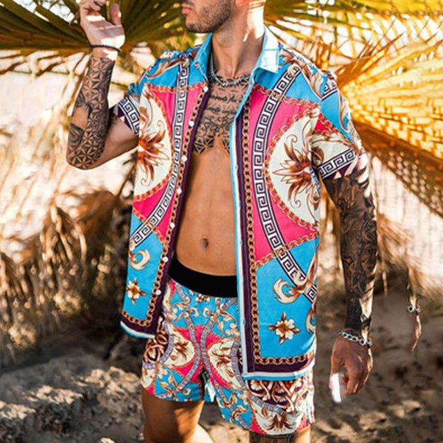 Floral Shirt Beach Two Piece Suit New Fashion Men Sets - SUKSU - selling